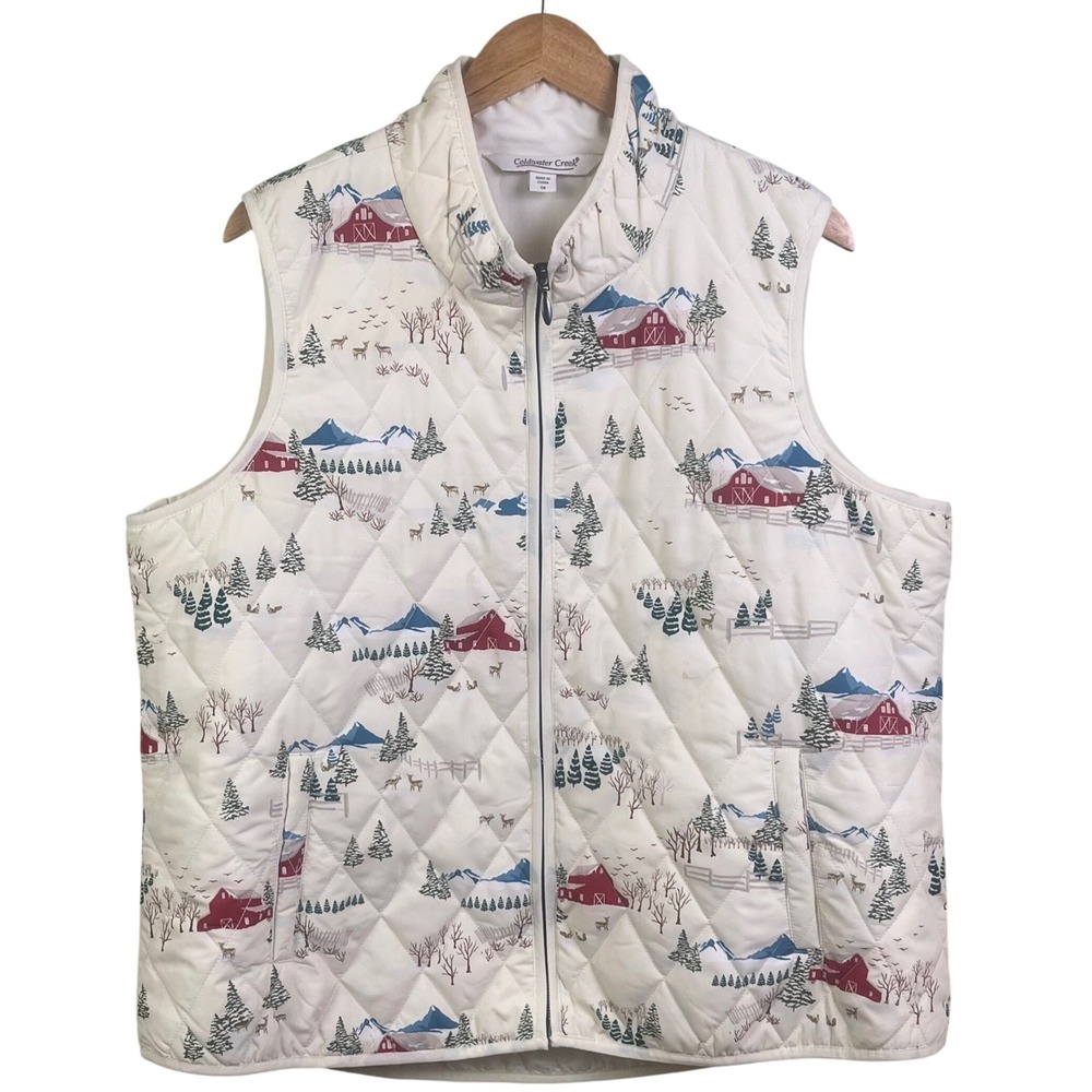 Coldwater Creek Womans 1X Snowy Countryside Winter Christmas Full Zip Vest
